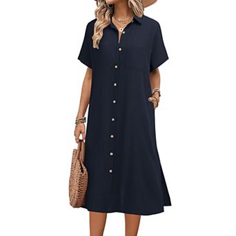 Zeagoo Women's Casual Midi Short Sleeve Button Down Shirt Dress Beach Cover Up with Pocket