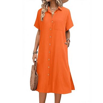 Zeagoo Women's Casual Midi Short Sleeve Button Down Linen Shirt Dress Beach Cover Up with Pocket