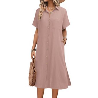 Zeagoo Women's Casual Midi Short Sleeve Button Down Linen Shirt Dress Beach Cover Up with Pocket