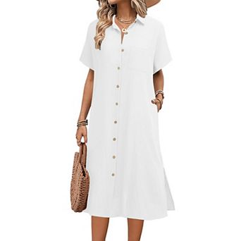 Zeagoo Women's Casual Midi Short Sleeve Button Down Linen Shirt Dress Beach Cover Up with Pocket