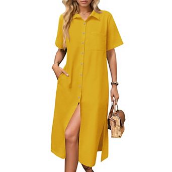 Zeagoo Women's Casual Midi Short Sleeve Button Down Shirt Dress Beach Cover Up with Pocket