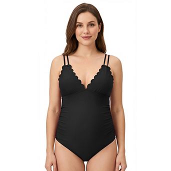 Women's Maternity Scallop Edge One Piece Swimsuit with Back Tie & Ruched Bump Support