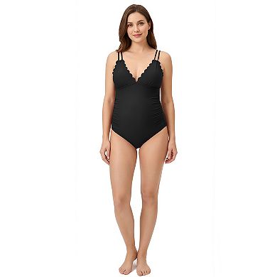 Women's Maternity Scallop Edge One Piece Swimsuit with Back Tie & Ruched Bump Support
