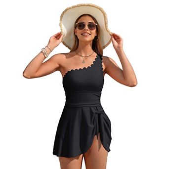 Charmo Women's Scallop Edge One Shoulder Removable Strap Wrap Tie Swim Dress