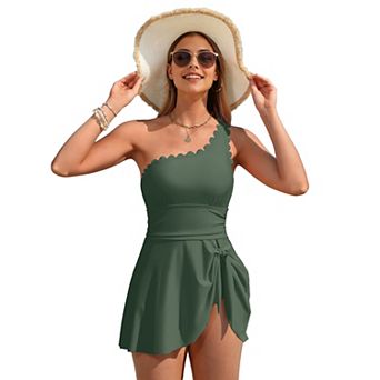 Charmo Women's Scallop Edge One Shoulder Removable Strap Wrap Tie Swim Dress