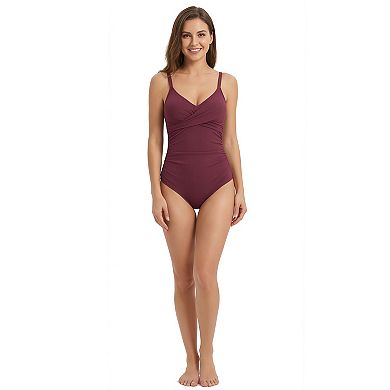 Women's Ribbed Cross-Front Ruched V Neck Tummy Control One Piece Swimsuit