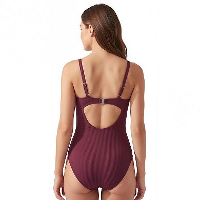 Women's Ribbed Cross-Front Ruched V Neck Tummy Control One Piece Swimsuit
