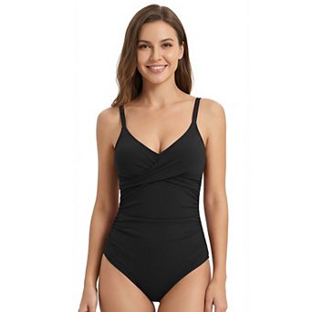 Women's Ribbed Cross-Front Ruched V Neck Tummy Control One Piece Swimsuit