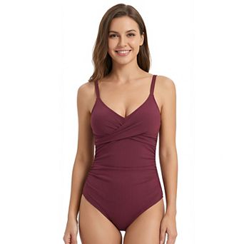 Women's Ribbed Cross-Front Ruched V Neck Tummy Control One Piece Swimsuit