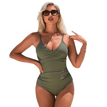Women's Ribbed Cross-Front Ruched V Neck Tummy Control One Piece Swimsuit