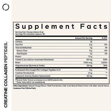 Codeage Creatine Collagen Peptides, Biotin, Magnesium, Hyaluronic Acid, Vit C, Mango Flavor, 15 oz
