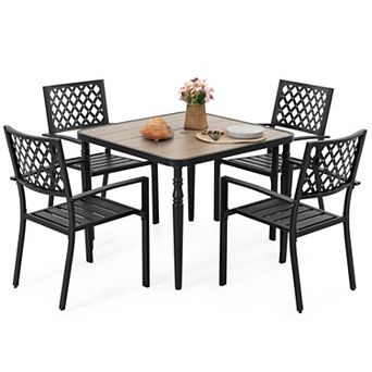5 pc Patio Dining Set with Umbrella Hole, Faux Wood Tabletop, Stackable Design Chairs, Black