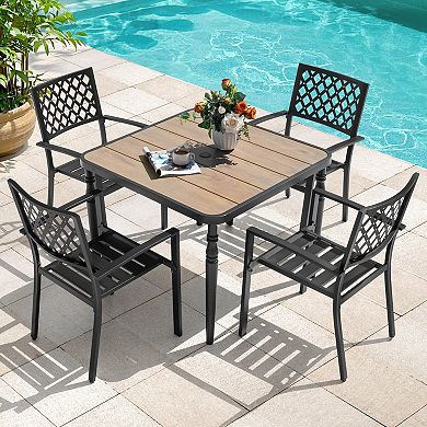 5PCS Patio Dining Set with Umbrella Hole, Faux Wood Tabletop, Stackable Design Chairs, Black