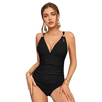 Women's Ribbed O-Ring V Neck Crisscross Back Ruched Tummy Control One Piece Swimsuit