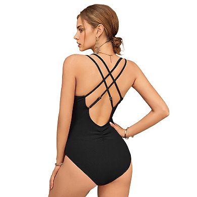 Women's Ribbed O-Ring V Neck Crisscross Back Ruched Tummy Control One Piece Swimsuit