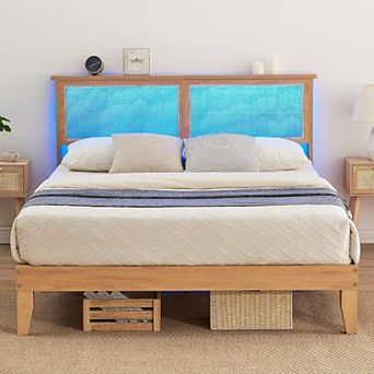 Rattan Bed Frame, Rattan Headboard King Bed Frame with Led Lights, Noise-Free Platform Bed Frame
