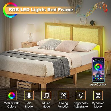 Rattan Bed Frame, Rattan Headboard King Bed Frame with Led Lights, Noise-Free Platform Bed Frame