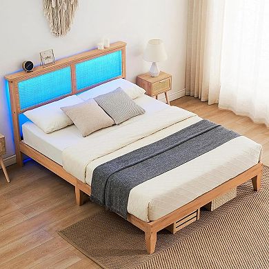 Rattan Bed Frame, Rattan Headboard King Bed Frame with Led Lights, Noise-Free Platform Bed Frame