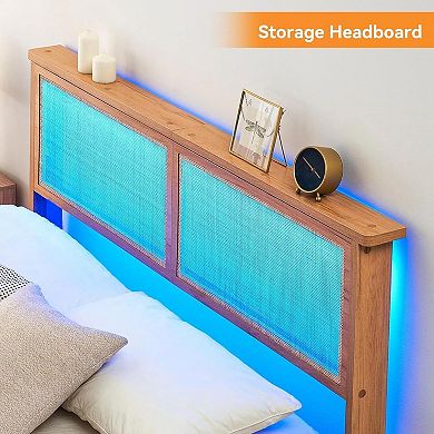 Rattan Bed Frame, Rattan Headboard King Bed Frame with Led Lights, Noise-Free Platform Bed Frame