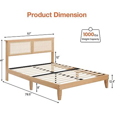 Rattan Bed Frame, Rattan Headboard King Bed Frame with Led Lights, Noise-Free Platform Bed Frame