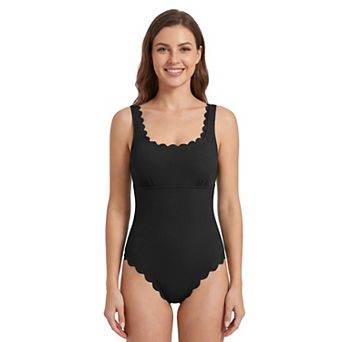 Charmo Women's Ribbed Scallop Edge Back Cutout One Piece Swimsuit with Adjustable Straps