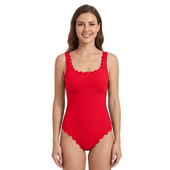 Charmo Women's Ribbed Scallop Edge Back Cutout One Piece Swimsuit with Adjustable Straps