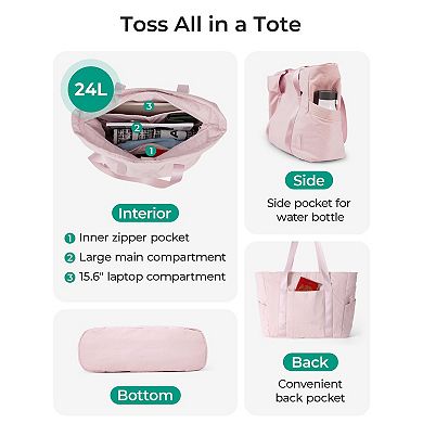 28L Nylon Tote with Zipper Yoga Mat Strap 15.6" Laptop Compartment