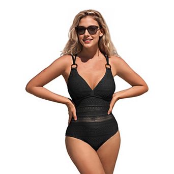 Charmo Women's Crochet V Neck O-Ring Crisscross Back Cutout One Piece Swimsuit