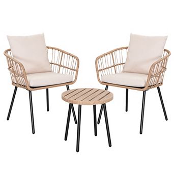 3 pc Metal and PE Wicker Patio Bistro Set with Soft Cushions, Beige