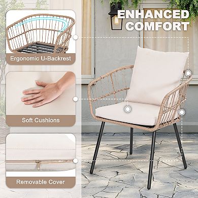 3-Piece Metal and PE Wicker Patio Bistro Set with Soft Cushions, Beige