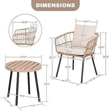 3-Piece Metal and PE Wicker Patio Bistro Set with Soft Cushions, Beige