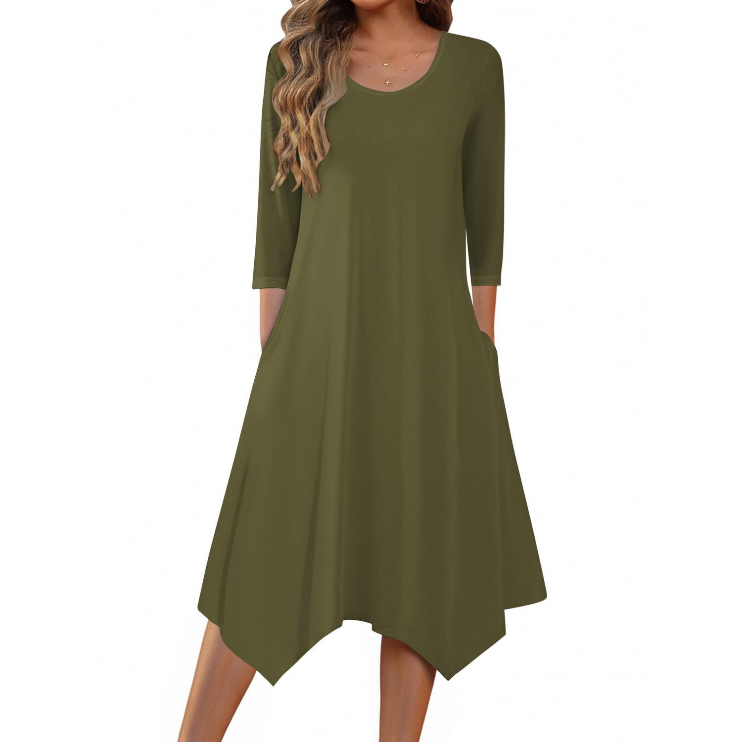 Женское платье Zeagoo 3/4 Sleeve Scoop Neck Midi Dress Elegant Fit and Flare Vacation Sundress with Pockets, цвет: Армейский зелёный