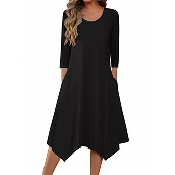 Zeagoo Women's 3/4 Sleeve Scoop Neck Midi Dress Elegant Fit and Flare Vacation Sundress with Pockets
