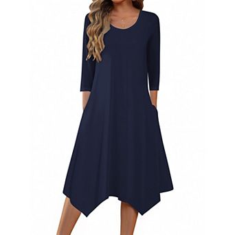 Zeagoo Women's 3/4 Sleeve Scoop Neck Midi Dress Elegant Fit and Flare Vacation Sundress with Pockets