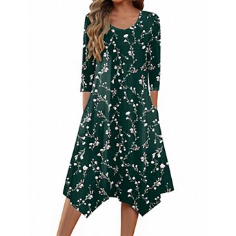 Zeagoo Women's 3/4 Sleeve Scoop Neck Midi Dress Elegant Fit and Flare Vacation Sundress with Pockets