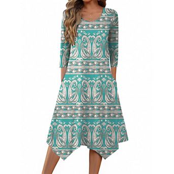 Zeagoo Women's 3/4 Sleeve Scoop Neck Midi Dress Elegant Fit and Flare Vacation Sundress with Pockets