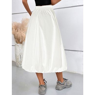 Women's Bubble Elastic Waist A-Line Pleated Ruffle Flowy Balloon Maxi Skirts with Pockets