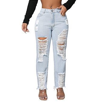 Skinny Ripped Hole Jeans for Women Mid Waisted Distressed Denim Pants Classic Denim Pants