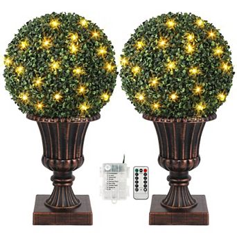 2 pc Artificial Plant Topiary Ball, Pre-Lit Artificial Topiary Plant with Light Base