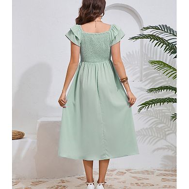 Women Maternity Summer Flutter Short Sleeve Smocked Maxi Dress Square Neck Casual Flowy Boho Dress