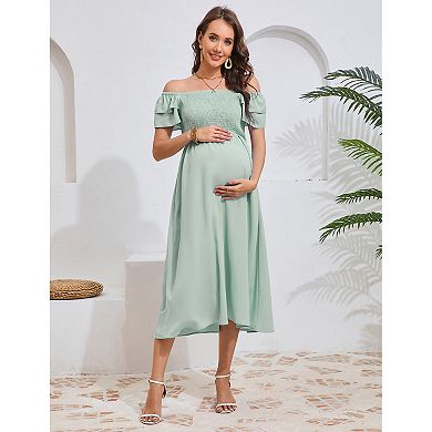 Women Maternity Summer Flutter Short Sleeve Smocked Maxi Dress Square Neck Casual Flowy Boho Dress