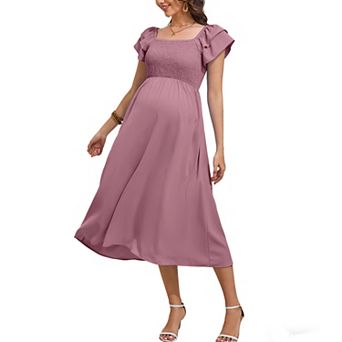 Women Maternity Summer Flutter Short Sleeve Smocked Maxi Dress Square Neck Casual Flowy Boho Dress