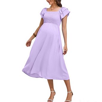 Women Maternity Summer Flutter Short Sleeve Smocked Maxi Dress Square Neck Casual Flowy Boho Dress
