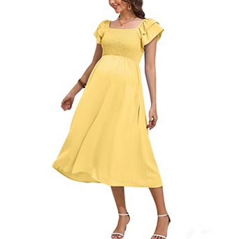 Women Maternity Summer Flutter Short Sleeve Smocked Maxi Dress Square Neck Casual Flowy Boho Dress