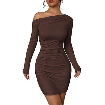 Women's Long Sleeve Mini Dress Ruched Bodycon Tight Off Shoulder Dress Elegant Dresses