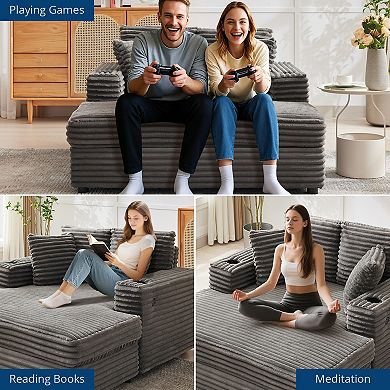 Oversized Corduroy Chaise Lounge with Charging Station, Cozy Reading Chair, Cup Holders & Pillows