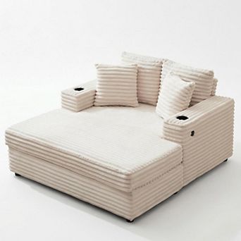 Oversized Corduroy Chaise Lounge with Charging Station, Cozy Reading Chair, Cup Holders & Pillows