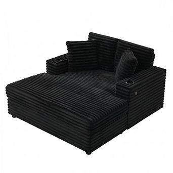 Oversized Corduroy Chaise Lounge with Charging Station, Cozy Reading Chair, Cup Holders & Pillows