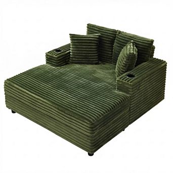 Oversized Corduroy Chaise Lounge with Charging Station, Cozy Reading Chair, Cup Holders & Pillows