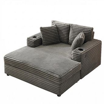 Oversized Corduroy Chaise Lounge with Charging Station, Cozy Reading Chair, Cup Holders & Pillows